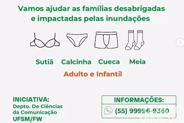 Campanha em FW arrecada roupas íntimas para vítimas das enchentes O